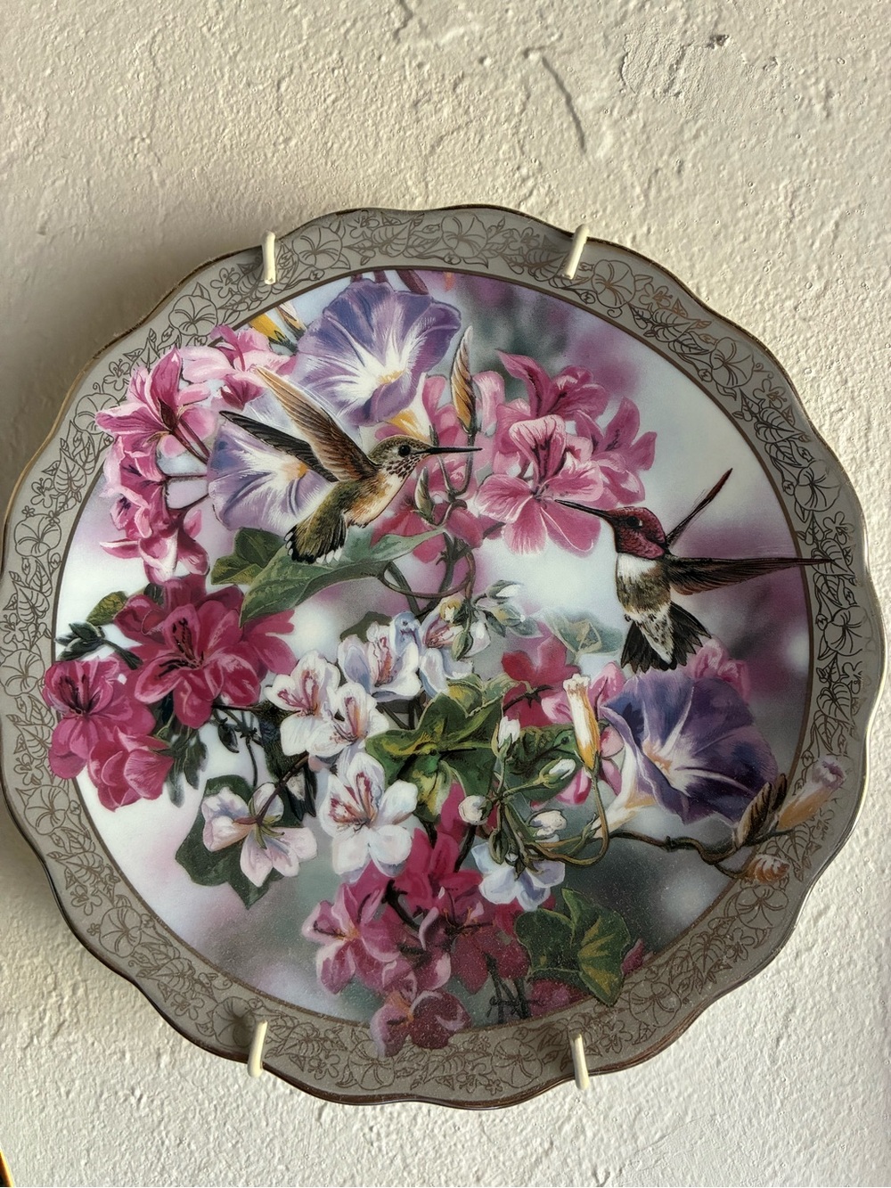 Porcelain Collector Plate with Hummingbirds & Pink Floral Motif